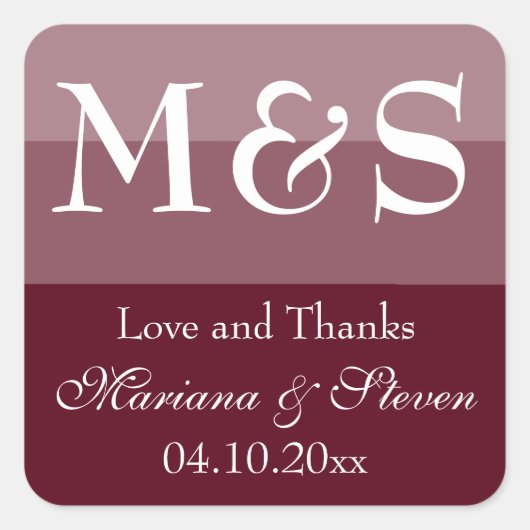 Bourgondische moderne script bruiloft vierkante sticker (Voorkant)