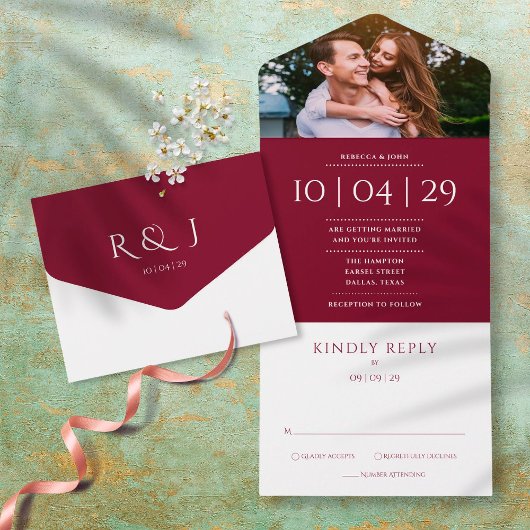 Bourgondische Monogram Foto Trouwdatum All In One Uitnodiging