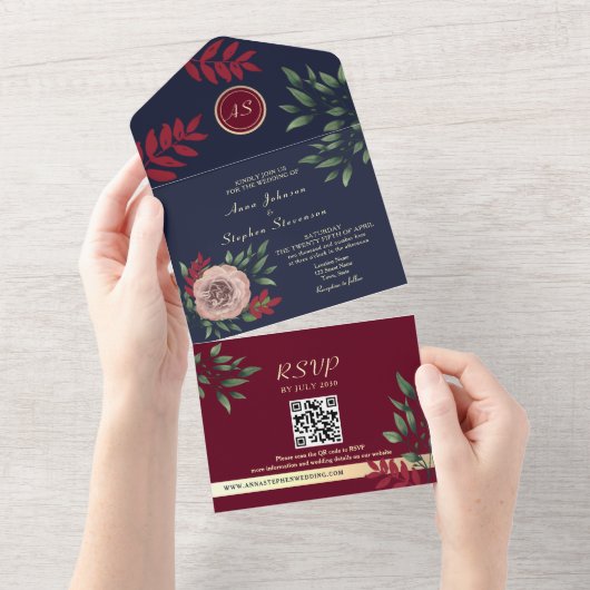 Bourgondische Monogram QR Code Trouwdag All In One Uitnodiging (Afscheurbaar)