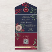 Bourgondische Monogram QR Code Trouwdag All In One Uitnodiging (Binnen)