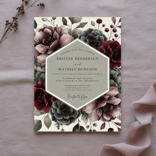 Bourgondische Moody Bloom Bruiloft Kaart
