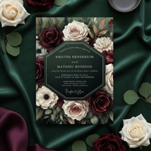 Bourgondische Moody Botanische Bruiloft Kaart