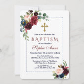 Bourgondische Navy Blue Floral Dotted Lijst Doop Kaart (Voorkant)