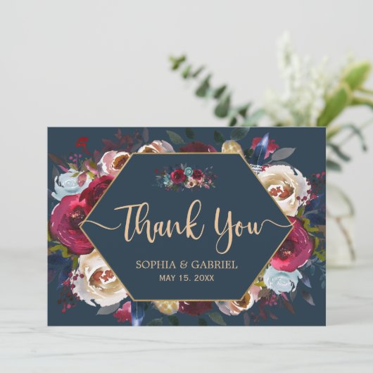 Bourgondische Navy Floral Lijst bruiloft bedankkaa Bedankkaart (Staand voorkant)