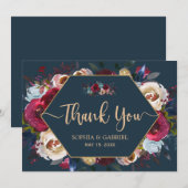 Bourgondische Navy Floral Lijst bruiloft bedankkaa Bedankkaart (Voorkant / Achterkant)