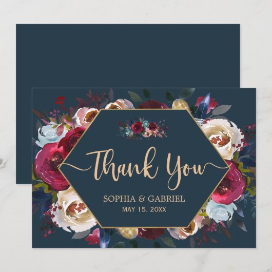 Bourgondische Navy Floral Lijst bruiloft bedankkaa Bedankkaart (Voorkant / Achterkant)