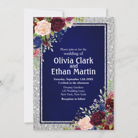 Bourgondische Navy Floral Silver Lijst Kaart (Voorkant)