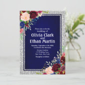 Bourgondische Navy Floral Silver Lijst Kaart (Staand voorkant)