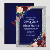 Bourgondische Navy Floral Silver Lijst Kaart (Voorkant / Achterkant)