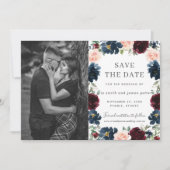 Bourgondische Navy Roze Bloem Foto Save the Date K Kaart (Voorkant)