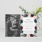Bourgondische Navy Roze Bloem Foto Save the Date K Kaart (Staand voorkant)