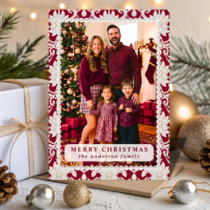 Bourgondische Opal Parel Kant Kerst Foto Feestdagenkaart