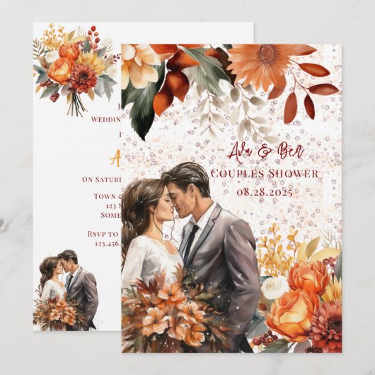 Bourgondische Oranje bruidegom bruidsparen Douche Kaart (Voorkant / Achterkant)