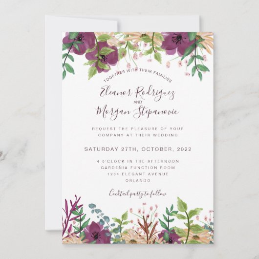 Bourgondische paarse bloemengrens script bruiloft kaart (Voorkant)