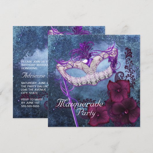 Bourgondische Paarse Masquerade Party Invitations Kaart (Voorkant / Achterkant)