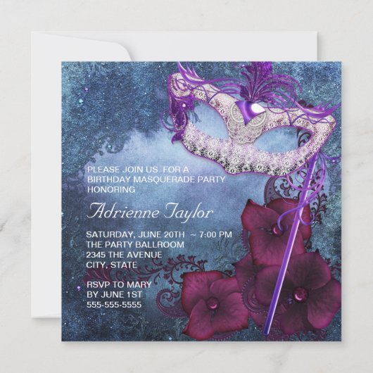 Bourgondische Paarse Masquerade Party Invitations Kaart (Achterkant)