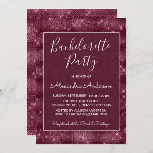Bourgondische Paarse Sparkle Bachelorette Party Kaart (Voorkant / Achterkant)