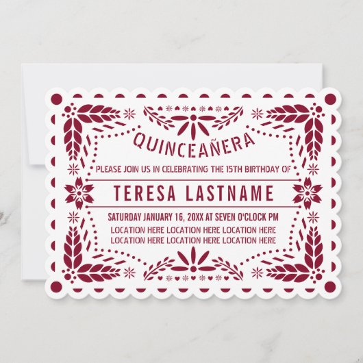 Bourgondische papel picado geschulpte Quinceañera Kaart (Voorkant)