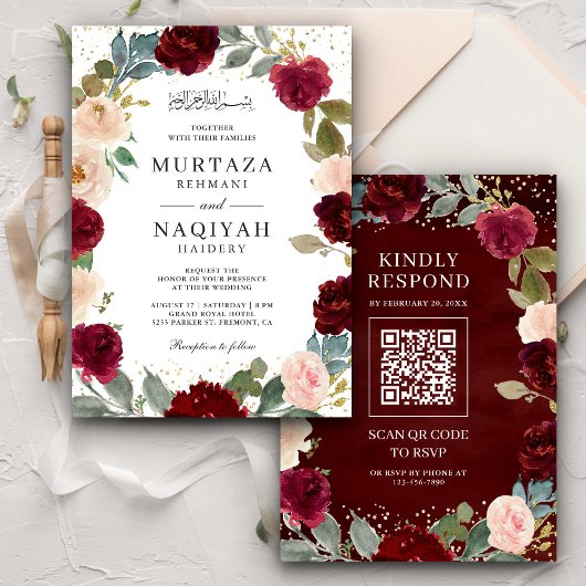 Bourgondische Perzik Bloemige QR Code Moslim Bruil Kaart