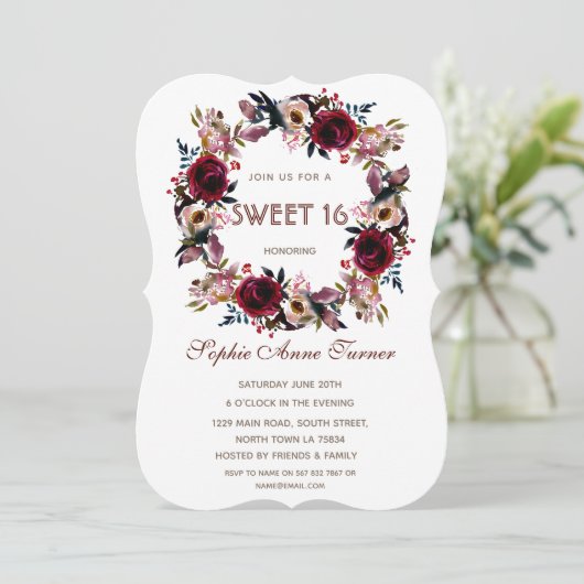 Bourgondische Perzik Bloemrijke Sweet Sixteen Fees Kaart (Staand voorkant)