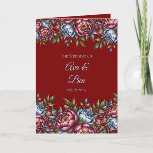 Bourgondische pioen en blauw Roos bruiloft dank u Kaart (Voorkant)