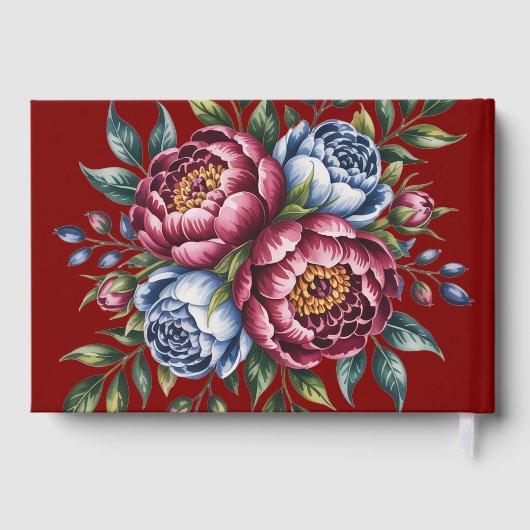 Bourgondische pioen en blauw Roos bruiloft Gastenboek (Achterkant)