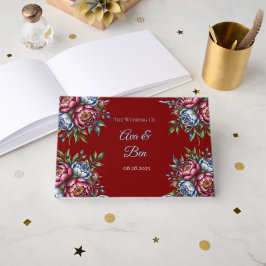 Bourgondische pioen en blauw Roos bruiloft Gastenboek