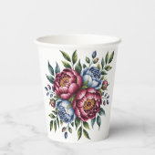 Bourgondische pioen en blauw Roos bruiloft Papieren Bekers (Achterkant)