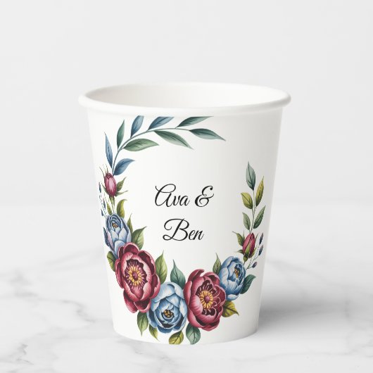 Bourgondische pioen en blauw Roos bruiloft Papieren Bekers (Voorkant)