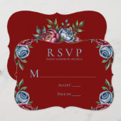 Bourgondische pioen en blauw Roos bruiloft RSVP Ka Kaart (Voorkant / Achterkant)