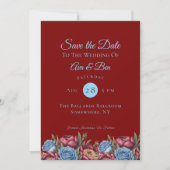 Bourgondische pioen en blauw Roos save the date Kaart (Voorkant)