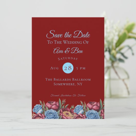 Bourgondische pioen en blauw Roos save the date Kaart (Staand voorkant)