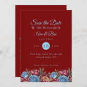 Bourgondische pioen en blauw Roos save the date Kaart (Voorkant / Achterkant)