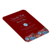 Bourgondische pioen en blauw Roos save the date Magneet (Rechterzijde)