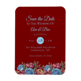 Bourgondische pioen en blauw Roos save the date Magneet