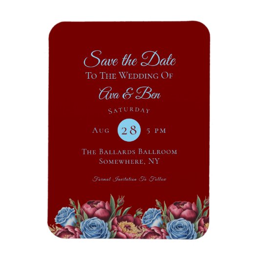 Bourgondische pioen en blauw Roos save the date Magneet (Verticaal)