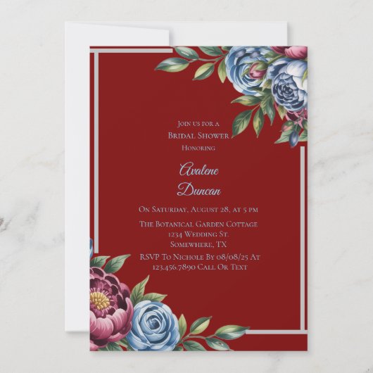 Bourgondische pioen en blauw Roos Vrijgezellenfees Kaart (Voorkant)