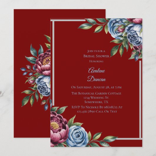 Bourgondische pioen en blauw Roos Vrijgezellenfees Kaart (Voorkant / Achterkant)