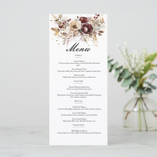 Bourgondische pioenen dubbelzijdig bruiloft menu (Staand voorkant)