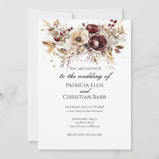 Bourgondische pioenen elegante bruiloft uitnodigin kaart (Voorkant)