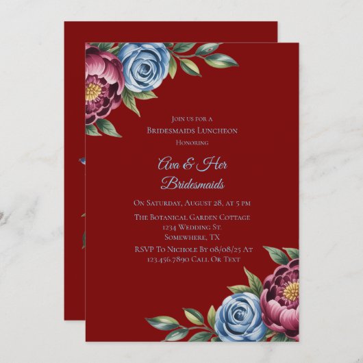 Bourgondische pioenroos en blauw Roos bruidsmeisje Kaart (Voorkant / Achterkant)