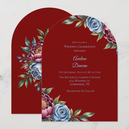 Bourgondische pioenroos en blauw Roos huwelijksfee Kaart (Voorkant / Achterkant)