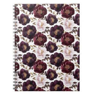 Bourgondische pioenrozen bloemen met gouden glitte notitieboek