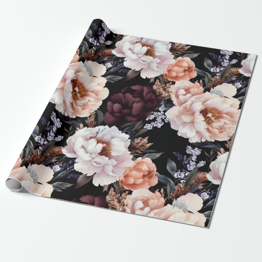 Bourgondische pioenrozen bloemenpatroon cadeaupapier (Uitgerold)