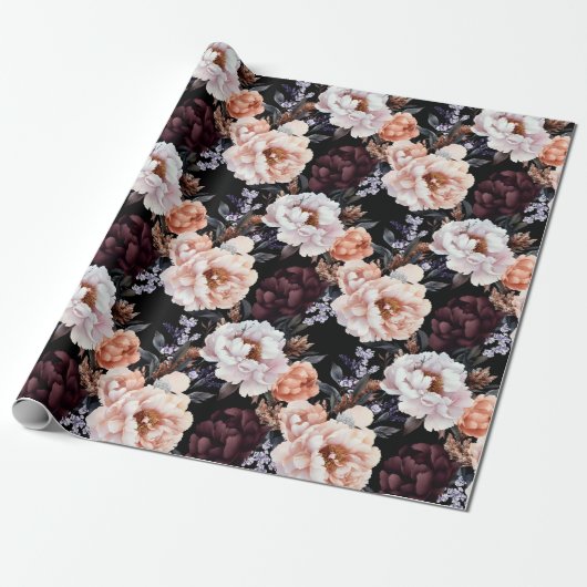 Bourgondische pioenrozen bloemenpatroon cadeaupapier (Uitgerold)