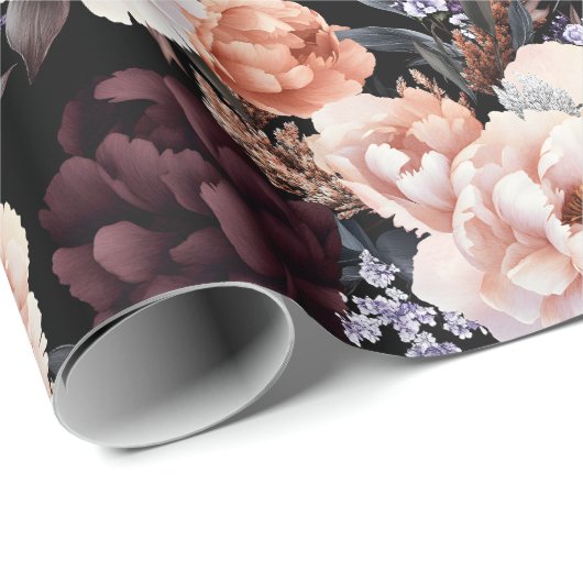 Bourgondische pioenrozen bloemenpatroon cadeaupapier (Rol Hoek)