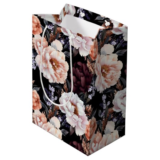 Bourgondische pioenrozen bloemenpatroon medium cadeauzakje (Achterkant Gekanteld)