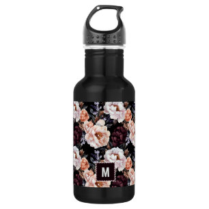 Bourgondische pioenrozen bloemenpatroon Monogram Waterfles