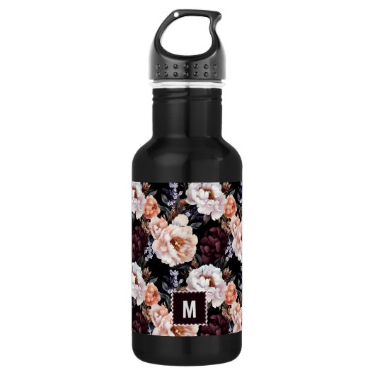Bourgondische pioenrozen bloemenpatroon | Monogram Waterfles (Voorkant)