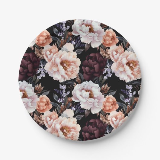 Bourgondische pioenrozen bloemenpatroon papieren bordje (Voorkant)